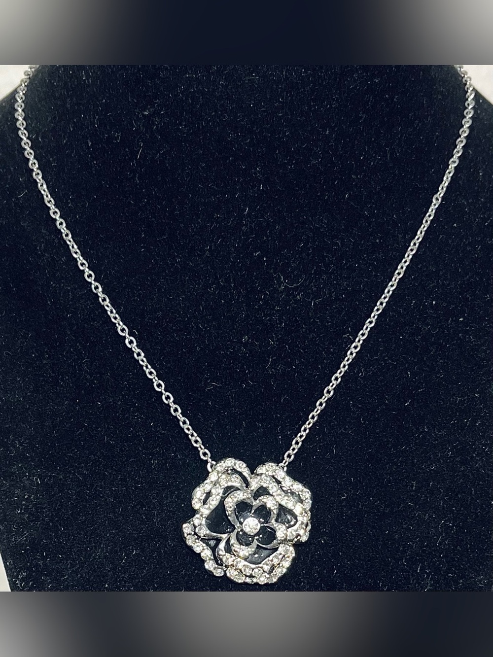 Vintage Black and Silver Crystal Floral Pendant Necklace